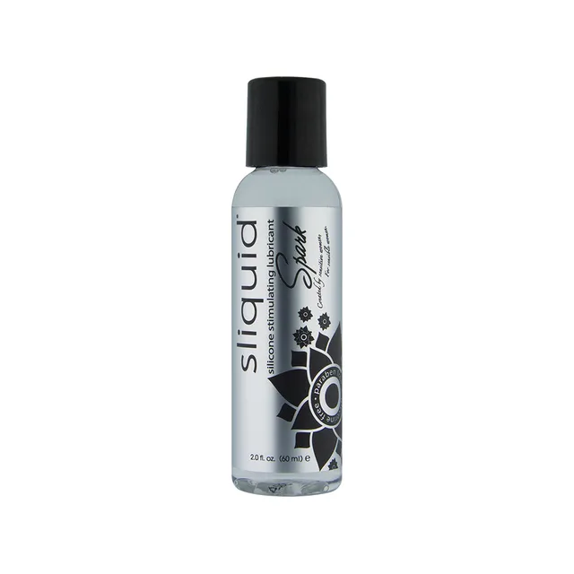 Slim two-ounce Sliquid Spark Booty Buzz bottle with black cap