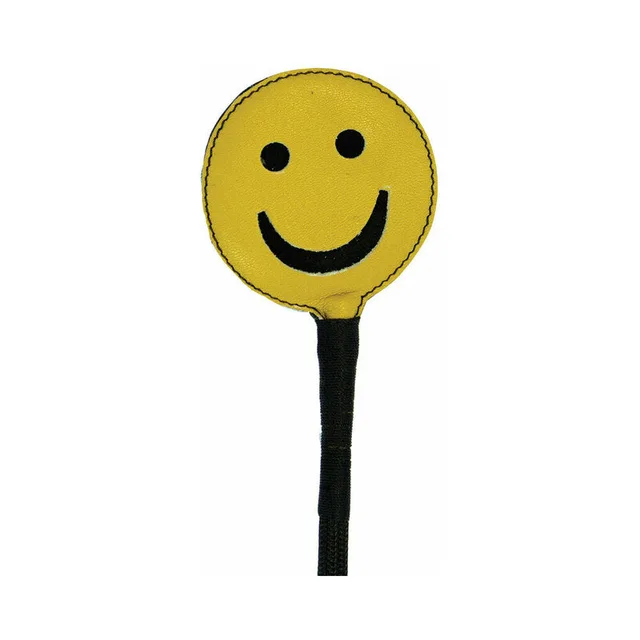 yellow round happy-face crop with black smile, eyes and wrapped handle
