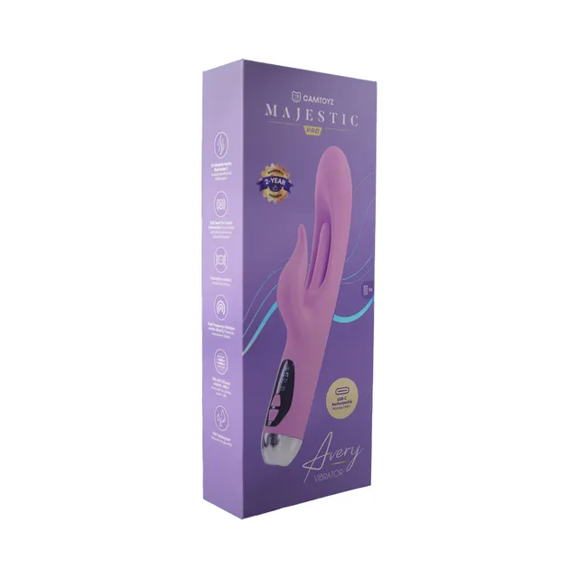Camtoyz Avery magenta USB-C rabbit vibrator beside tall purple retail box