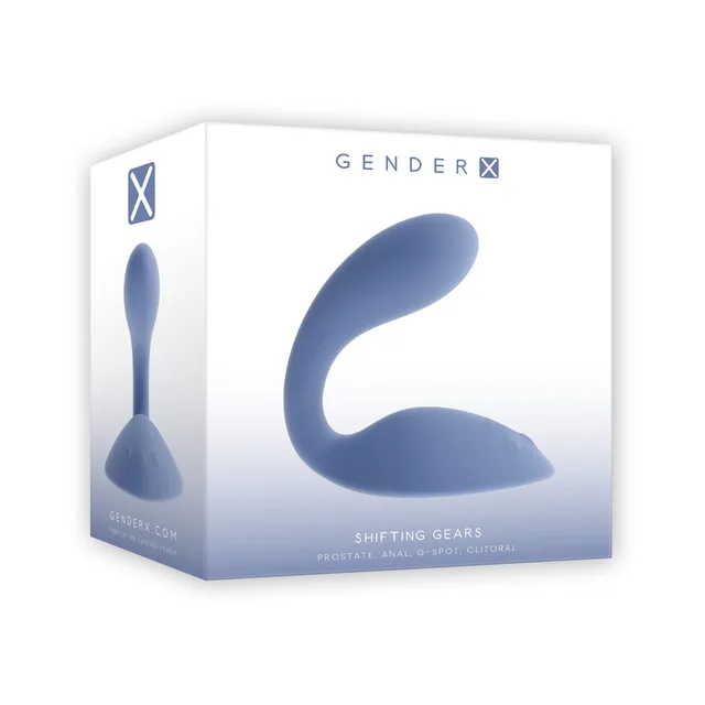 Gender X Shifting Gears blue vibrator in white retail box