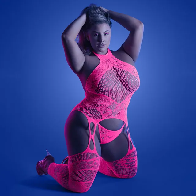 Fantasy Lingerie Glow Captivating High Neck Halter Bodystocking & G-String Panty Queen Size