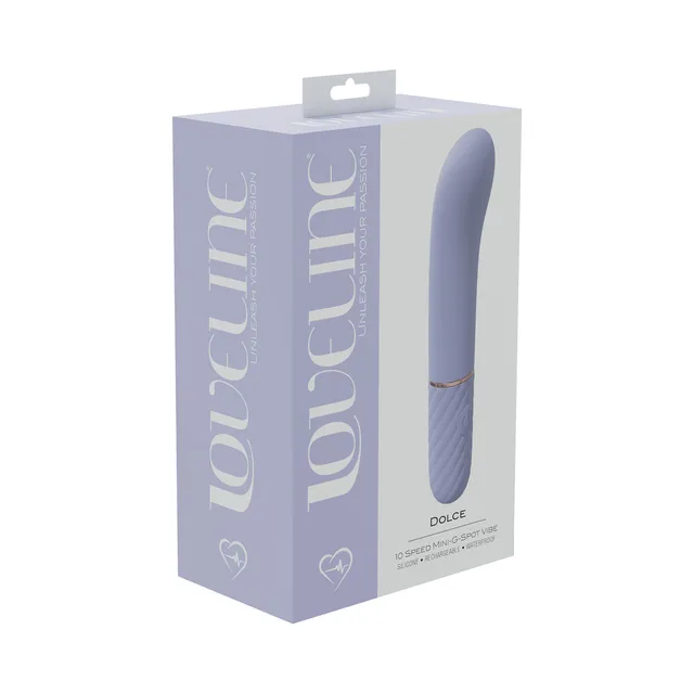 lavender LoveLine Dolce angled vibrator pictured on purple box