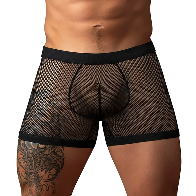 Front view of Black Male Power Fishnet Pouch Short in size XL