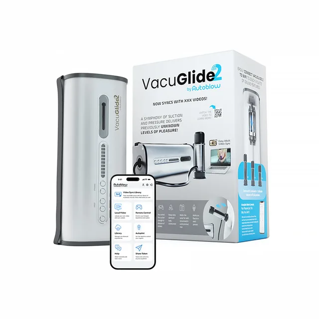 Autoblow VacuGlide 2 machine with retail box and phone control screen