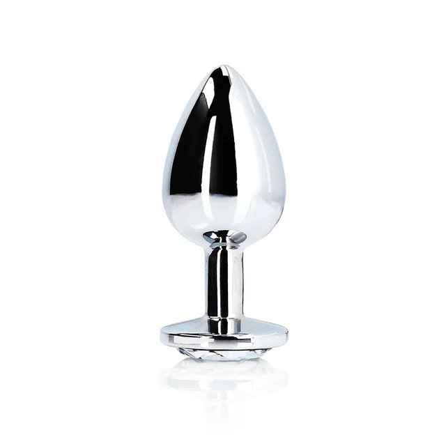 Shots Ouch large silver metal butt plug with round clear gem upright tapered plug