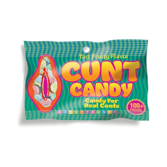 Cunt Candy 3 oz green striped bag with pastel candy graphics