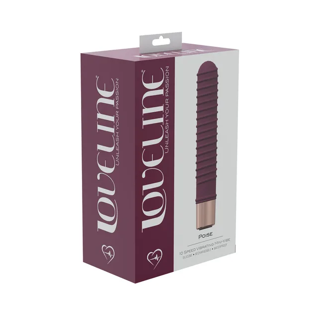 burgundy LoveLine Poise ribbed mini vibrator pictured on burgundy box