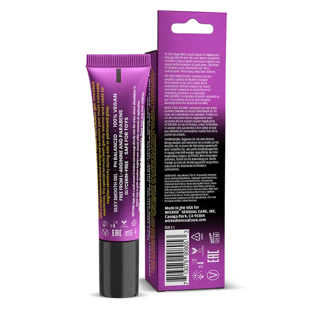 Wicked Awaken Clear Gel 15 ml purple tube and carton rear with ingredient text
