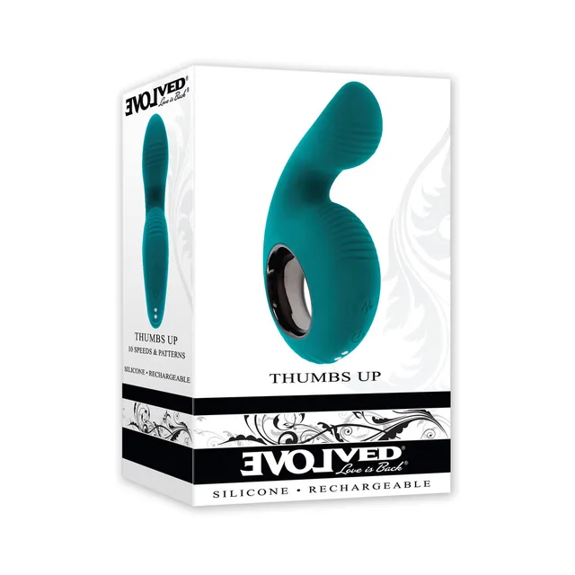 Evolved Thumbs Up teal ring-handle vibrator in white retail box