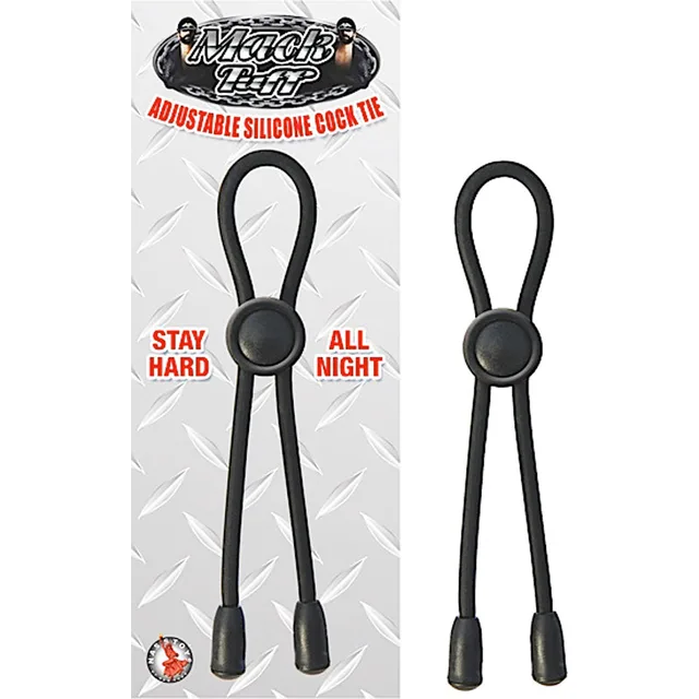 Nasstoys Mack Tuff Adjustable Tie black double-loop tie beside white hanging card