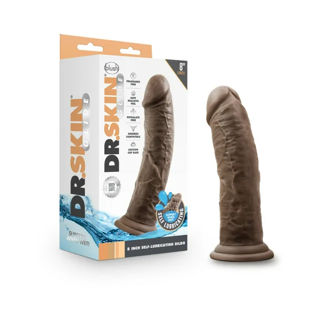 Dr. Skin Glide Brown 8-inch dildo beside retail box