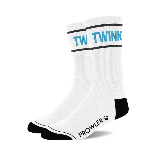 Prowler RED Twink white cotton crew socks pair with blue TWINK cuff lettering black heels and black toes