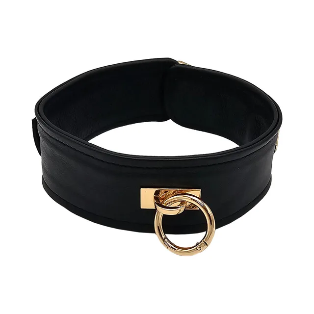 Rouge black leather collar with gold hardware front view showing the large attachment ring