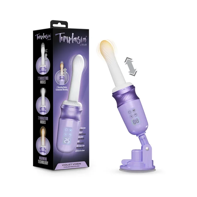 Purple Violet Vixen thrusting vibrator beside black box