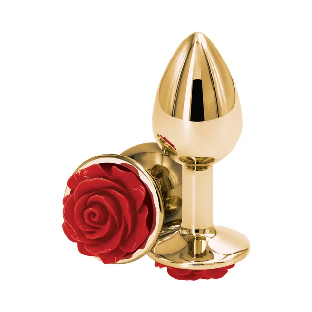 Small gold-colored aluminum plug with sculpted red rose base