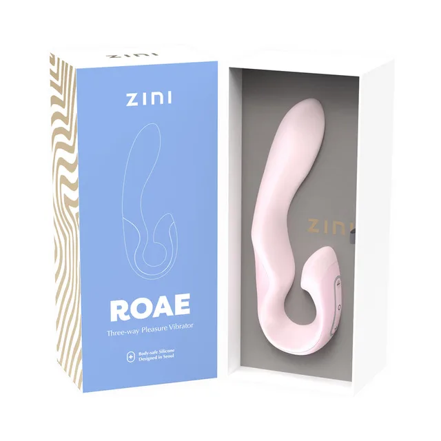 light pink Zini Roae curved rabbit vibrator displayed in blue and white box