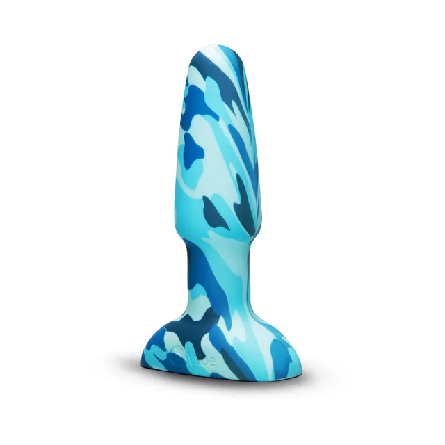 Blue camo b-Vibe Rimming 2 upright front view with flared base
