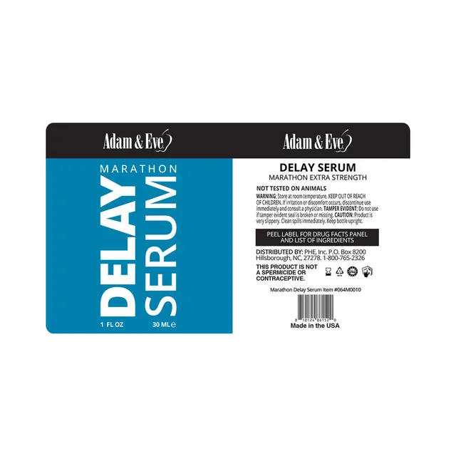 Front and rear labels for Adam and Eve Marathon Spray