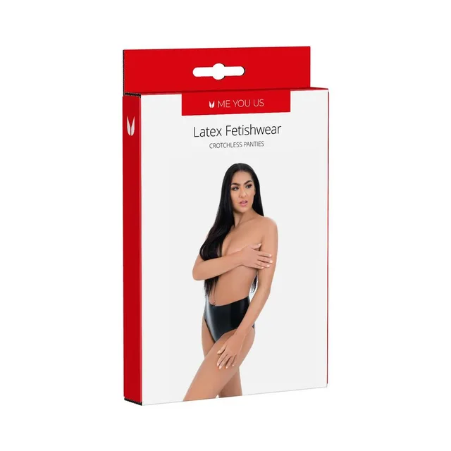 Me You Us black latex crotchless panties in size Large pictured on retail box