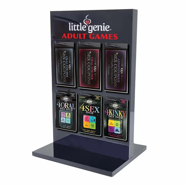 dark Little Genie Adult Games display panel with six boxed game styles