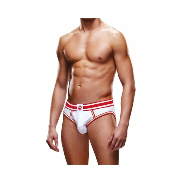 Front view of white Prowler brief with red trim size XL