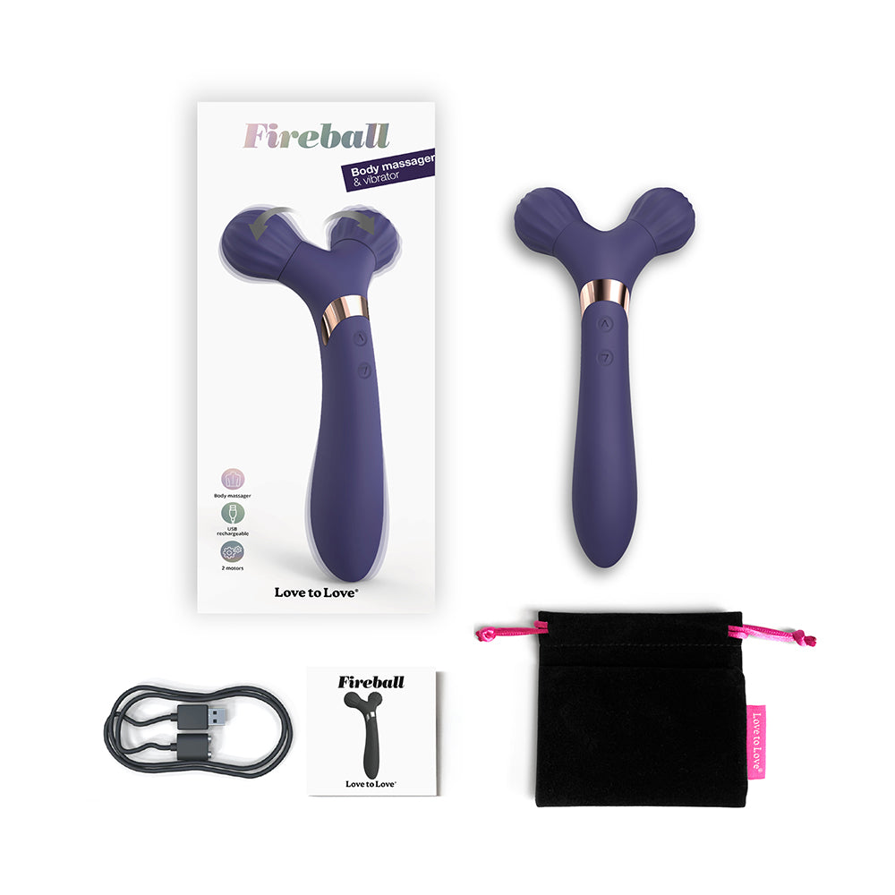 Love to Love Fireball Rechargeable Dual Ended Silicone Body Massager & Vibrator Midnight Indigo Fireball body massager with retail box cable and black pouch