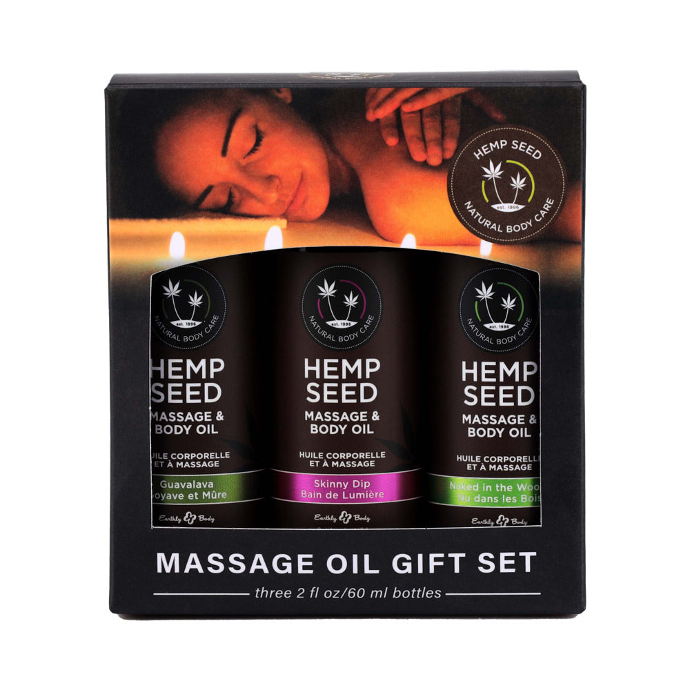 Earthly Body Hemp Seed Massage Oil 3-Piece Gift Set 2 oz. Earthly Body Hemp Seed Massage Oil Gift Set black windowed gift box with three bottles