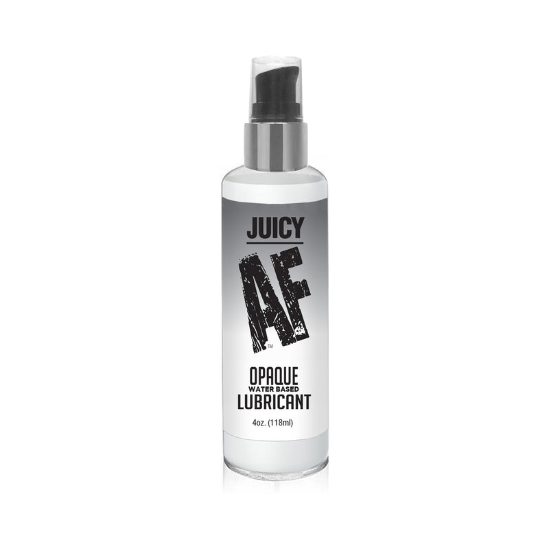 Juicy AF Opaque Water-Based Lubricant 4 oz. clear 4 oz Juicy AF lubricant bottle with black pump and black-and-blue label