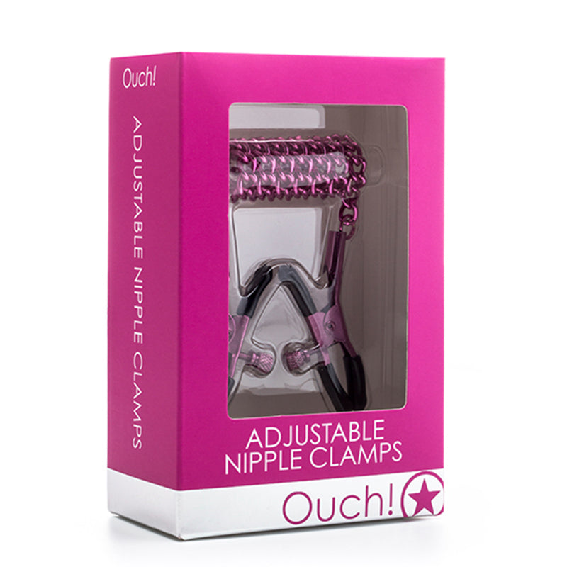 Ouch! Adjustable Metal Nipple Clamps With Chain Pink Pink Ouch adjustable metal nipple clamps and chain in magenta window box