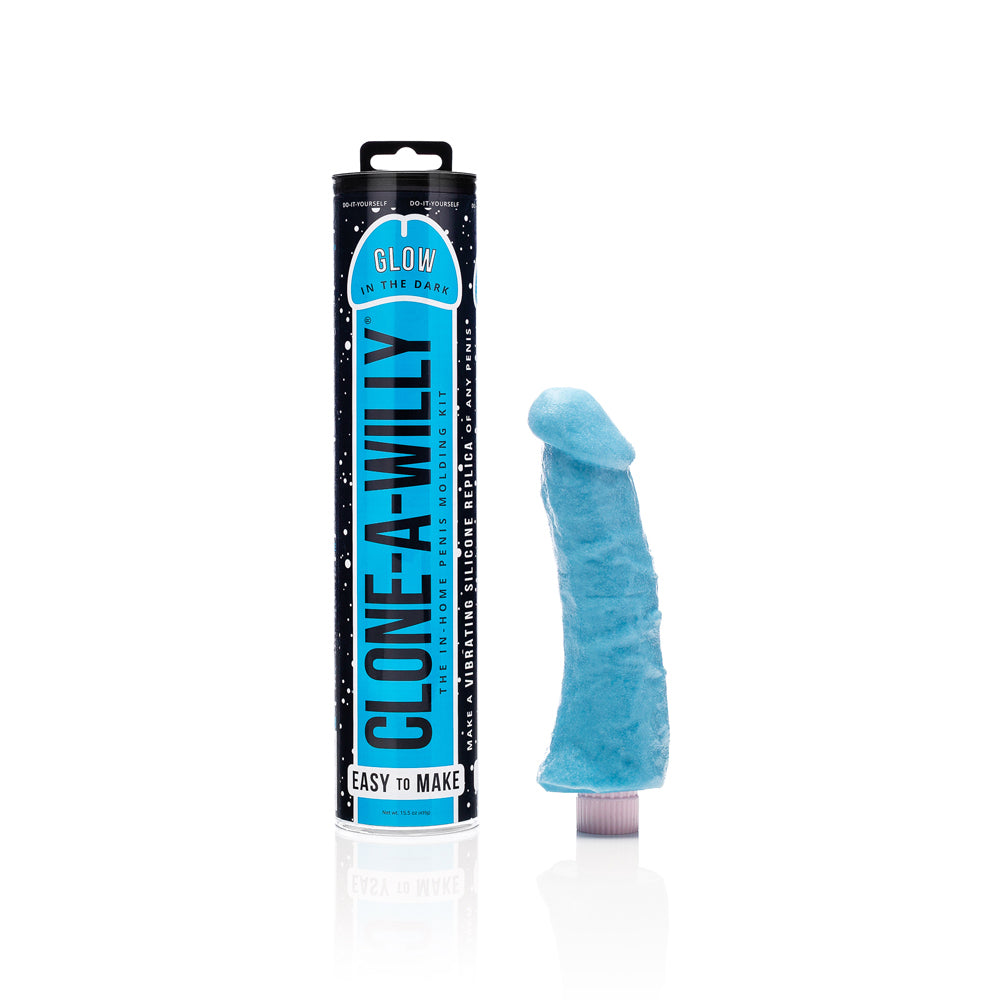 Clone-A-Willy DIY Vibrating Dildo Kit Glow-in-the-Dark Blue Clone-A-Willy Blue Vibrating Kit blue molded vibrator beside black blue canister
