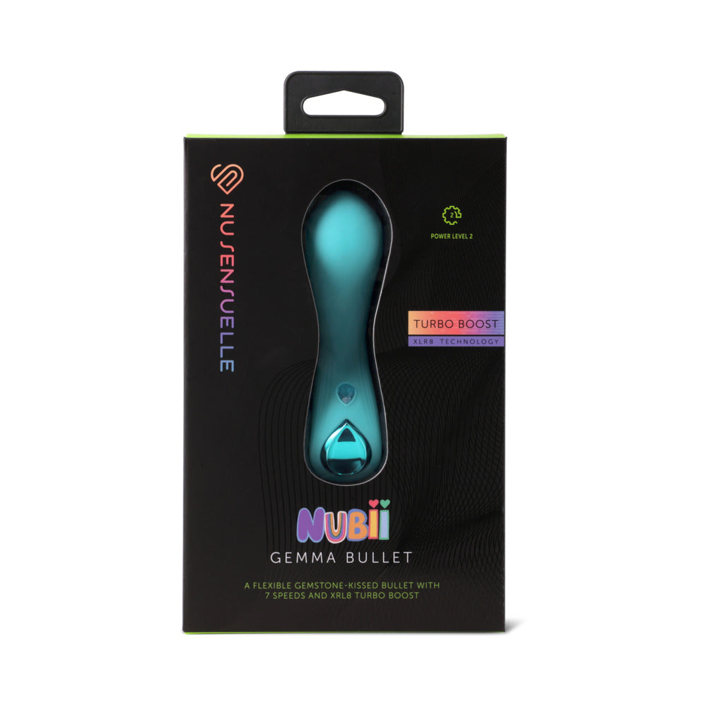 Nu Sensuelle Gemma Nubii Turbo Bullet Blue Nu Sensuelle Gemma Nubii blue curved bullet vibrator in black retail package