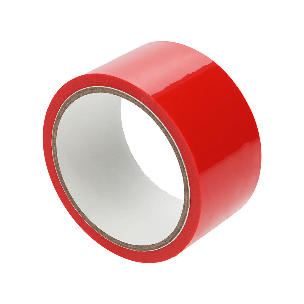 Ouch! PVC Non-Stick Tape Red Angled view of glossy red Ouch PVC tape roll with white core