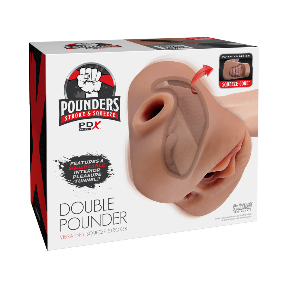 PDX Plus Double Pounder Vibrating Squeeze Stroker Brown Brown PDX Double Pounder dual-opening stroker on retail box