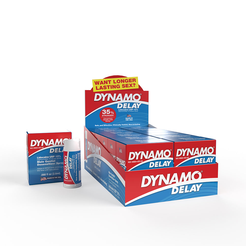 Dynamo Delay to Go in POP Box 12pcs Dynamo To Go counter display holding 12 red white and blue spray boxes