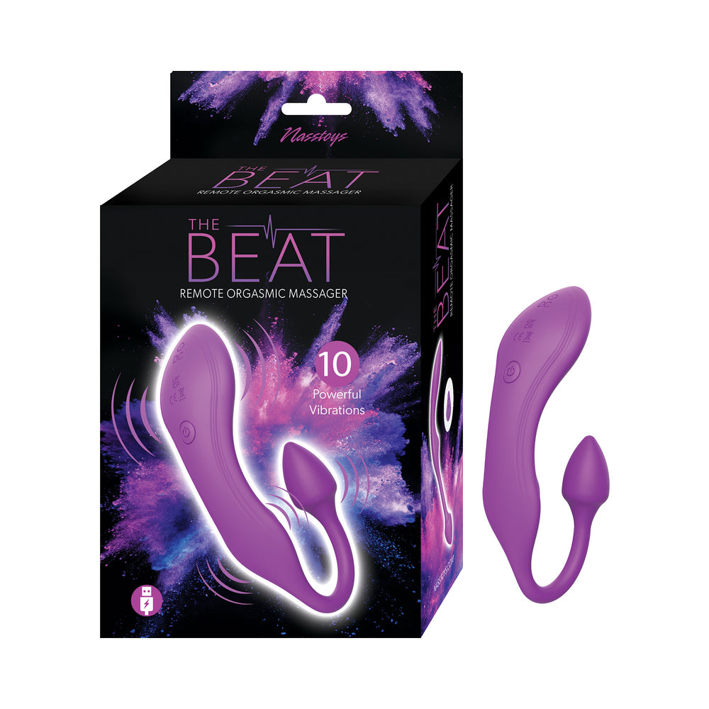 The Beat Remote Orgasmic Massager Purple Purple Nasstoys The Beat massager beside retail box