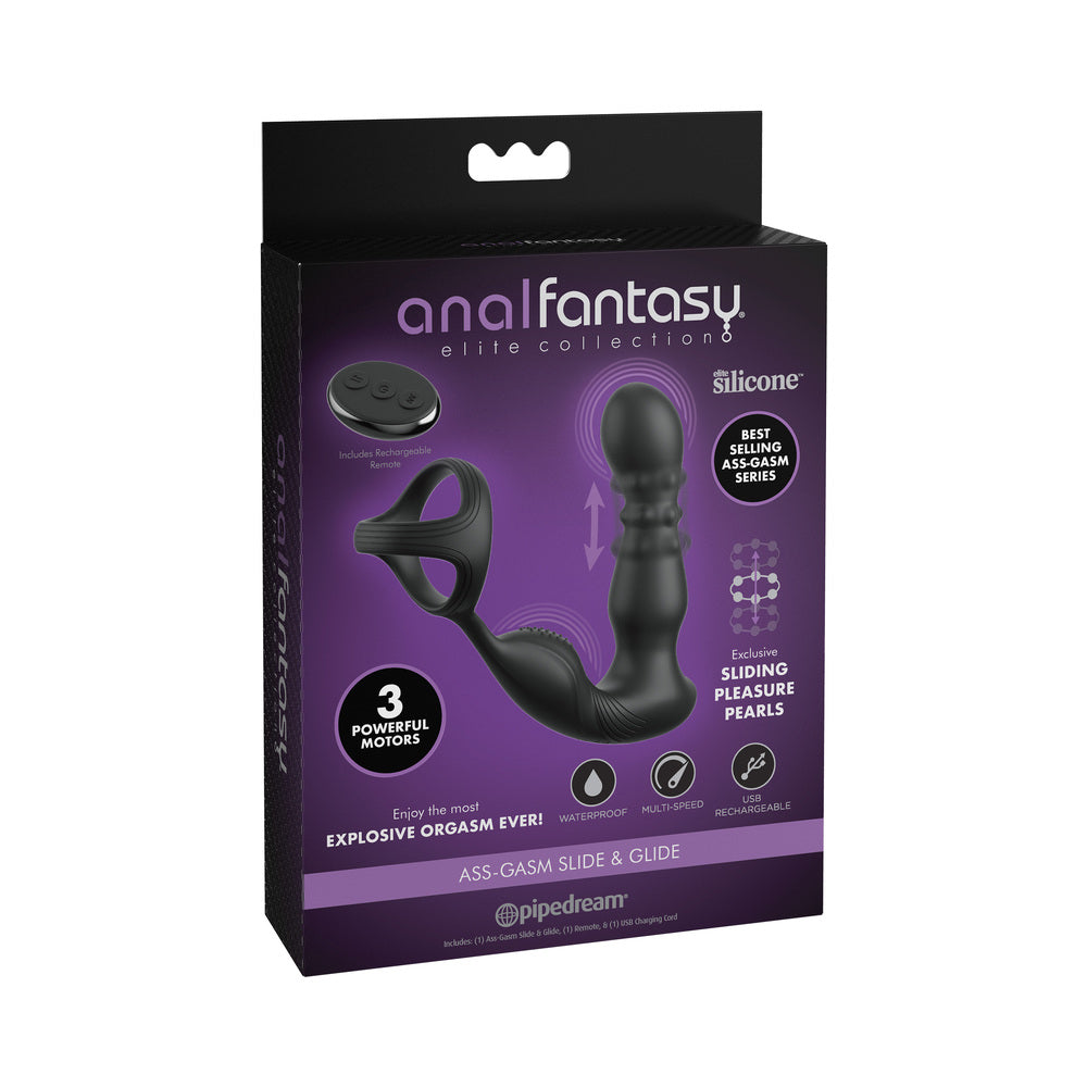 Anal Fantasy Elite Ass-gasm Slide & Glide Black Black Anal Fantasy Slide and Glide plug and remote shown on purple box