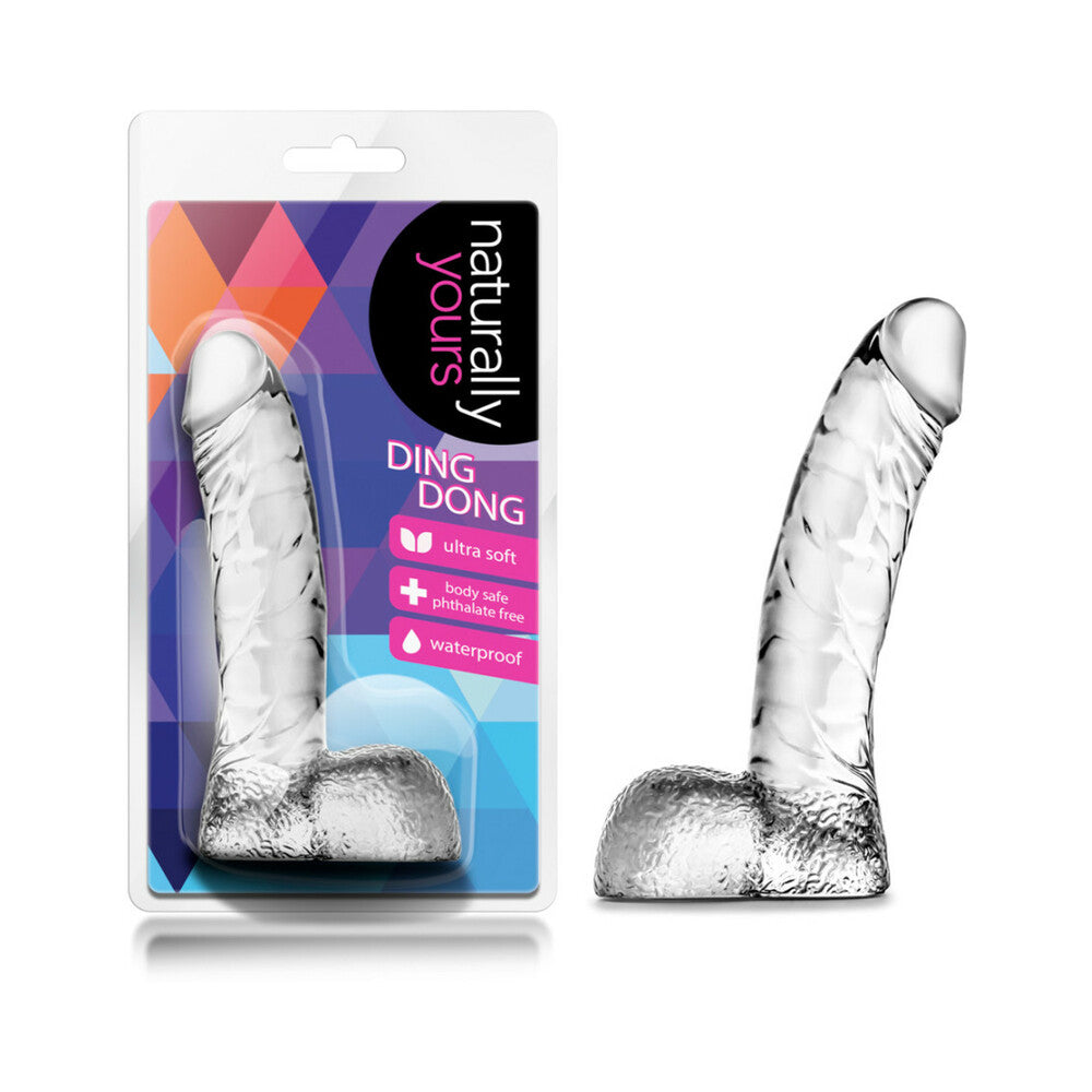 Naturally Yours Ding Dong Realistic 5.5 in. Dildo with Balls Clear Naturally Yours Ding Dong Clear dildo beside colorful retail package