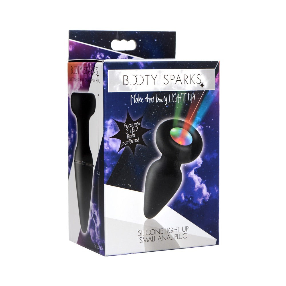 Booty Sparks Silicone Light-Up Anal Plug Small small black Booty Sparks silicone anal plug with multicolor LED base on box