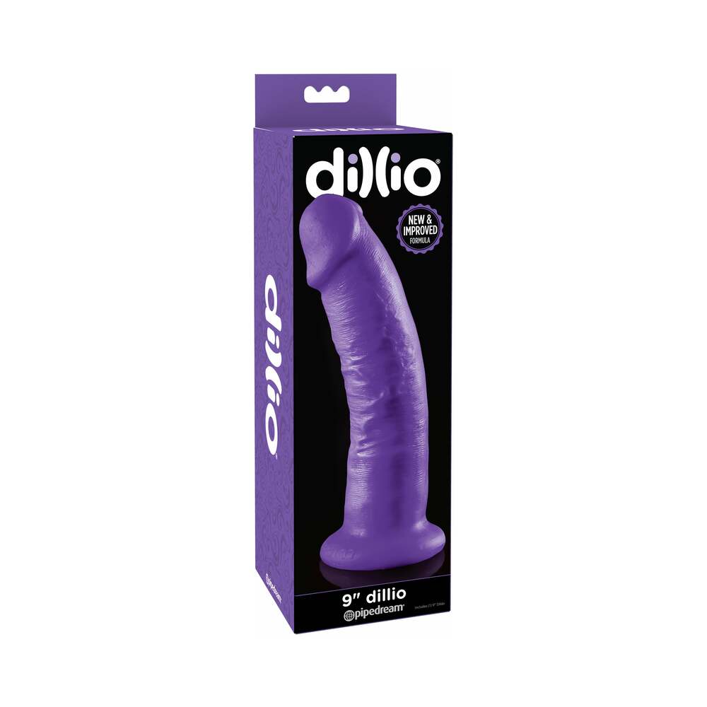 Dillio 9 in. Realistic Dildo With Suction Cup Purple Pipedream Dillio Purple 9 Inch Dildo beside tall black purple retail box