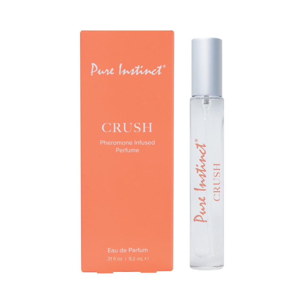 Pure Instinct Pheromone Perfume Spray Crush 0.31 oz. Pure Instinct Crush 0.31-ounce perfume spray in slim clear atomizer beside orange box