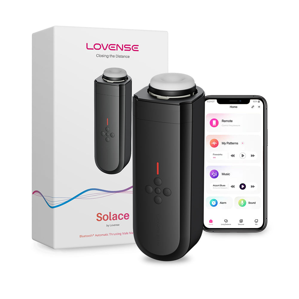 Lovense Solace Thrusting Masturbator black Lovense Solace thrusting masturbator with sleeve, box and Remote app screen