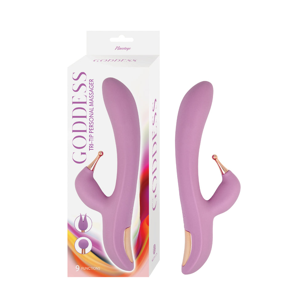 Goddess Tri-Tip Personal Massager Lavender Lavender Nasstoys Goddess Tri-Tip massager beside white retail box