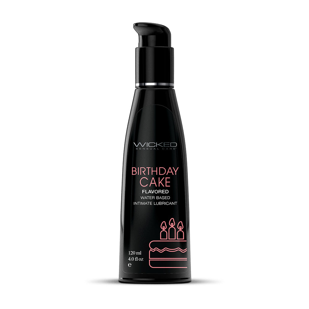 Wicked Aqua Birthday Cake Water-Based Lubricant 4 oz. Front of black Wicked Aqua Birthday Cake 4 oz pump bottle