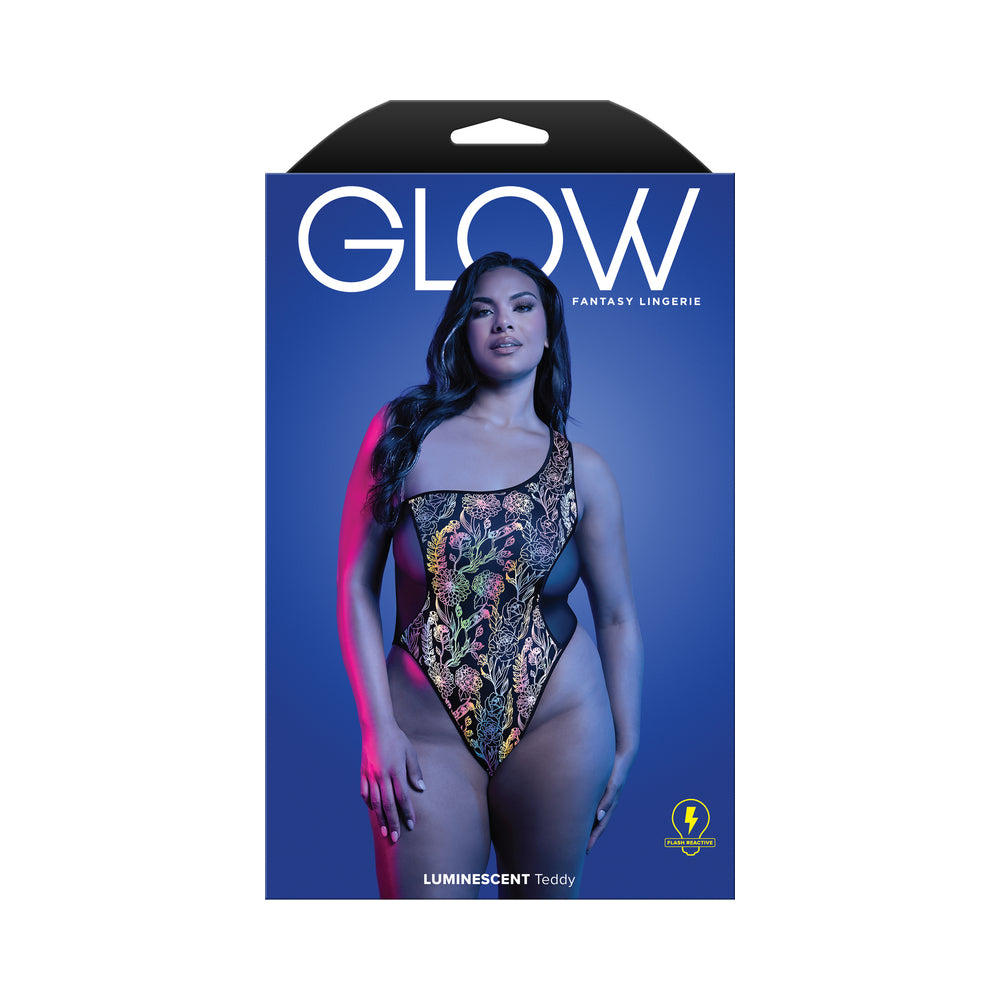 Fantasy Lingerie Glow Luminescent Floral Print One-Shoulder Teddy Queen Size Model wearing Queen-size Fantasy Lingerie Glow floral teddy on box