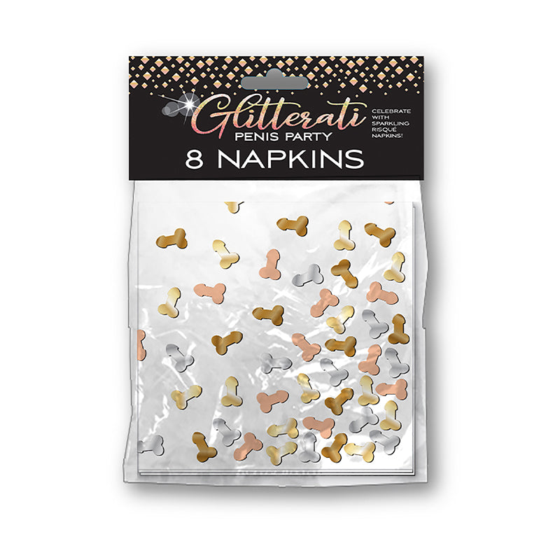 Glitterati Penis Party Paper Napkins 8-Pack Glitterati eight-pack of white napkins with metallic novelty print