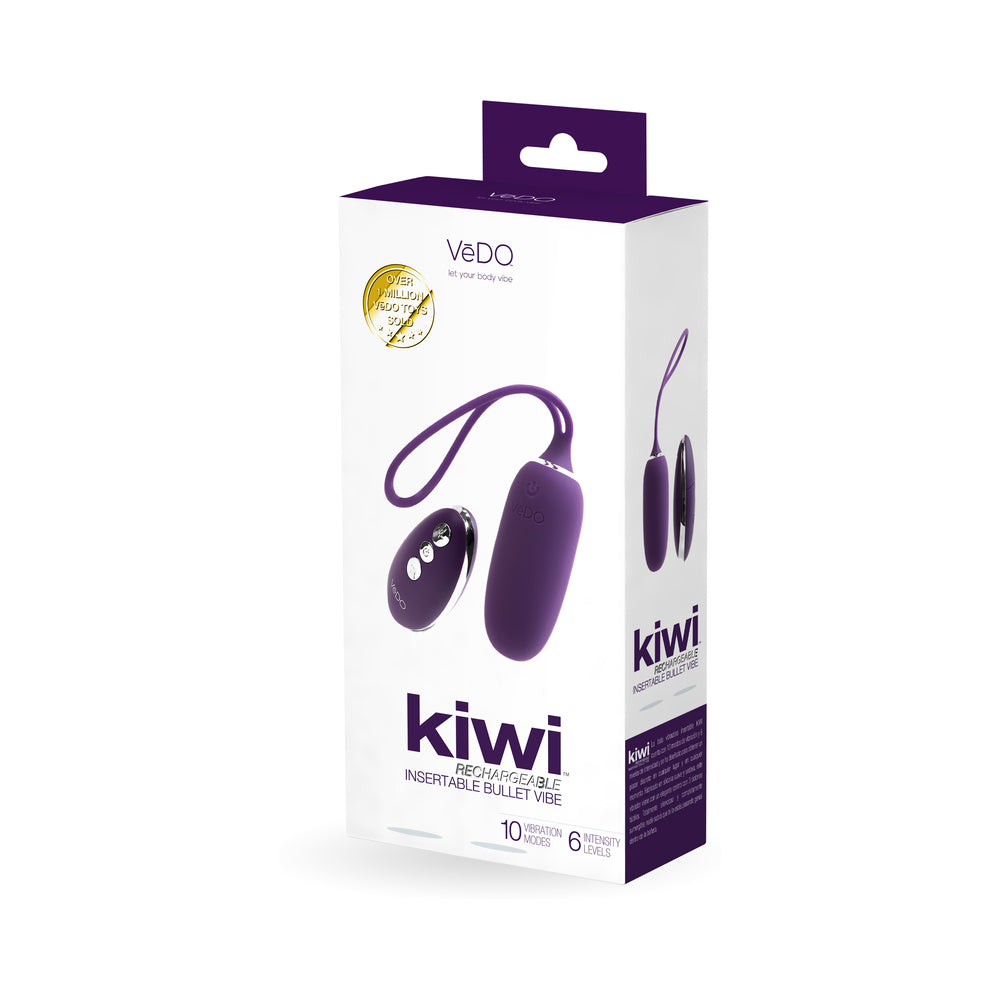 Vedo Kiwi Rechargeable Insertable Bullet Deep Purple VeDO Kiwi purple bullet and remote pictured on retail box