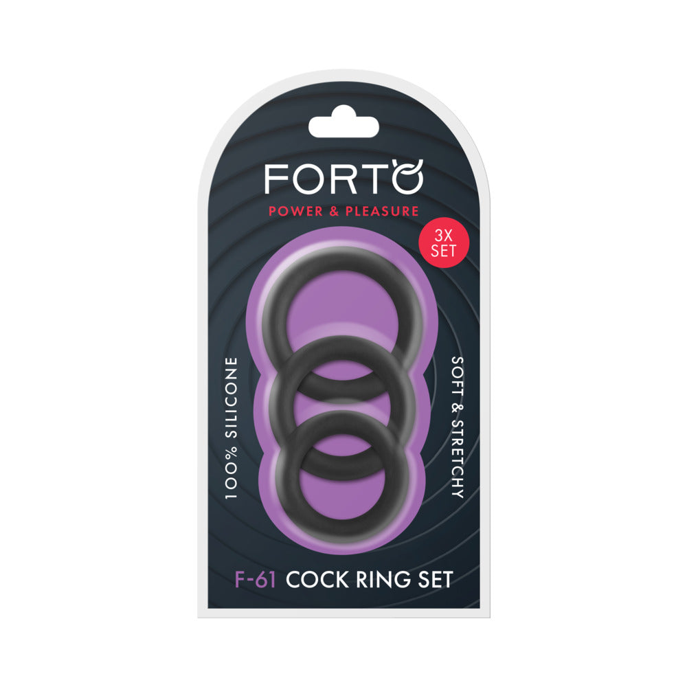 Forto F-61 3-Piece Silicone Cockring Set Black Forto F-61 three-piece black cock ring set in package