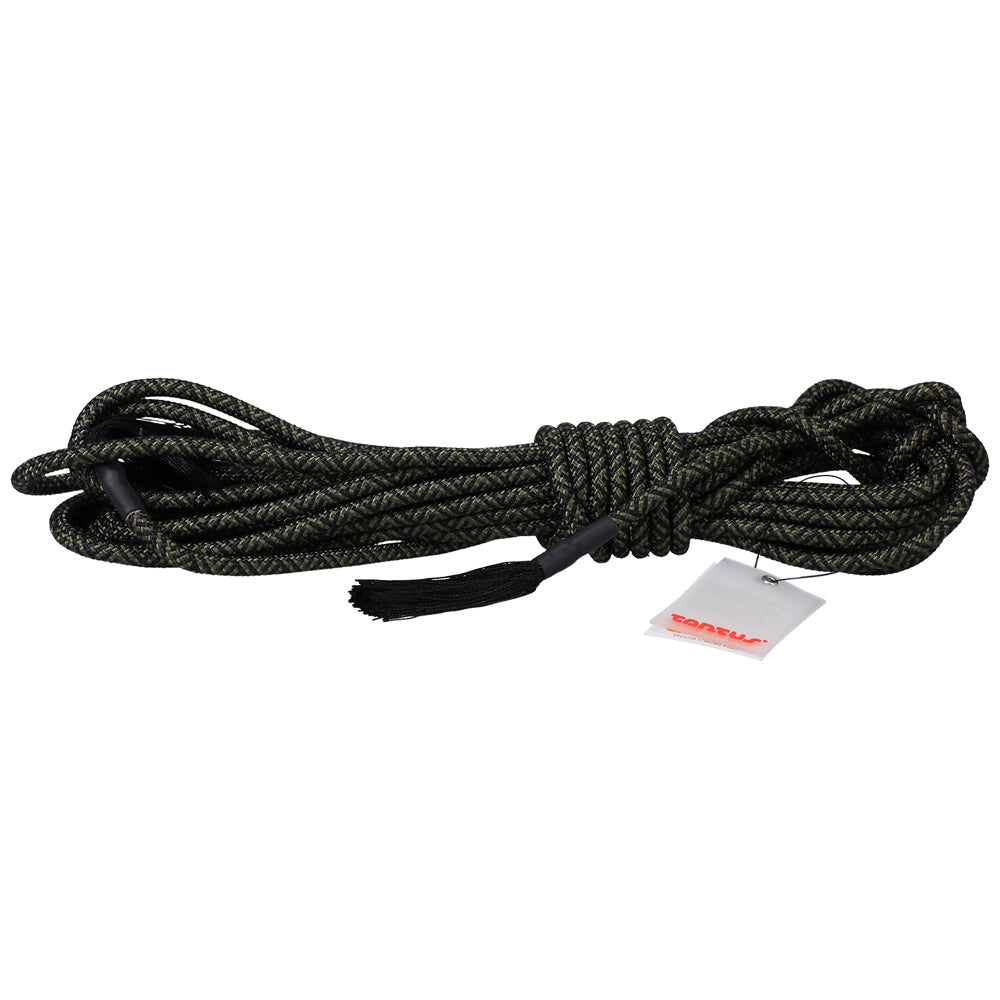 Tantus Rope 30 ft. Olive Tantus Olive dark green 30 foot polyester rope coiled horizontal view with tassel ends