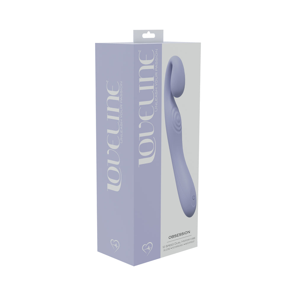 LoveLine Obsession 10 Speed Dual Motor Vibe Sealed Silicone Rechargeable Submersible Lavender lavender LoveLine Obsession curved vibrator on light purple retail box