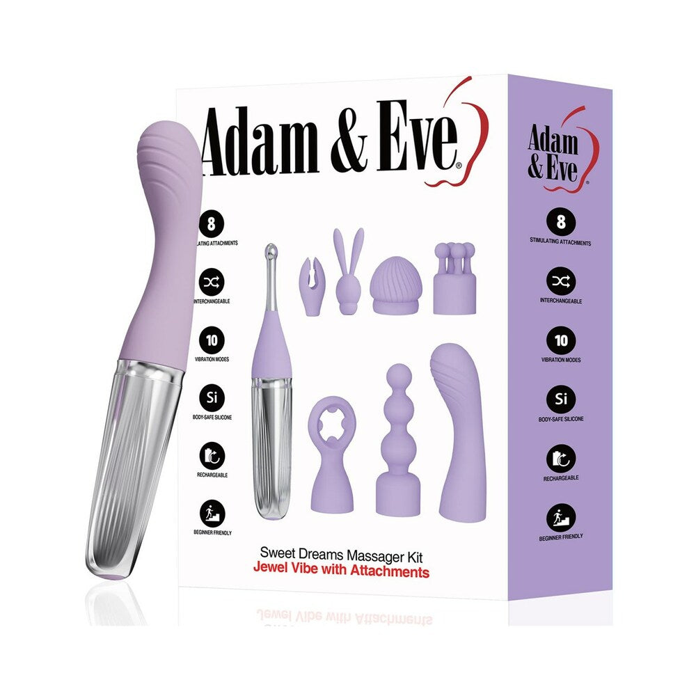 Adam & Eve Sweet Dreams Massager Kit Adam & Eve Sweet Dreams purple massager kit base and eight attachments pictured on retail box